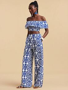 Travachic Women's Vacation Casual All-Over Print Off-Shoulder Ruffle Hem Crop Top And Long Pants 2-Piece Set - Multicolor - View 4