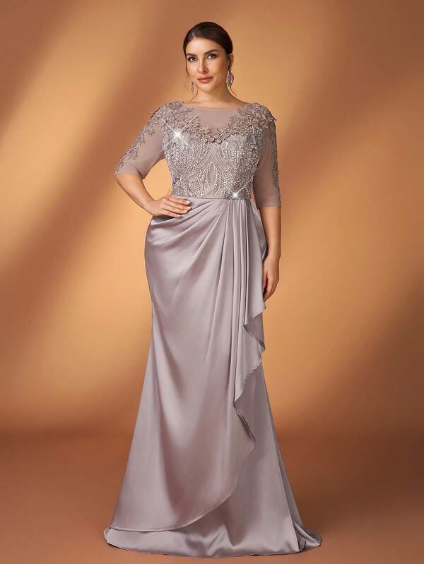 Serin Đầm dạ hội dáng đuôi cá ôm sát, sang trọng, màu sâm panh, đính sequin và thêu họa tiết, phối nhiều mảnh vải satin, tay lửng bất đối xứng, vạt xếp ly, phù hợp cho mọi dịp trang trọng, đặc biệt dành cho mẹ cô dâu.