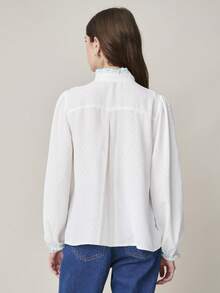 Nöista White Blouse, Long Puffed Sleeves, And Button-Down Front. Blue Ruffled Trim On The Collar, Front Placket, And Cuffs. Spring, Summer Women. - White - View 2