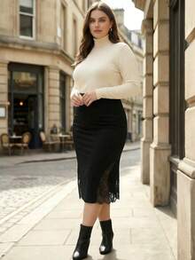 ELLERISSA Curve Elegant Contrast Lace Hip Detail Pencil Skirt For Women, Black High Waist Lace Trim Bodycon Midi Skirt, Work Formal Skirt, Plus Size Bottoms For Women, Office Outfits, Wedding Guest Skirts, Lace Pencil Skirt, Professional Wear, Casual Daily Wear, Vacation Outfits, Lace Midi Skirt - Black - View 4