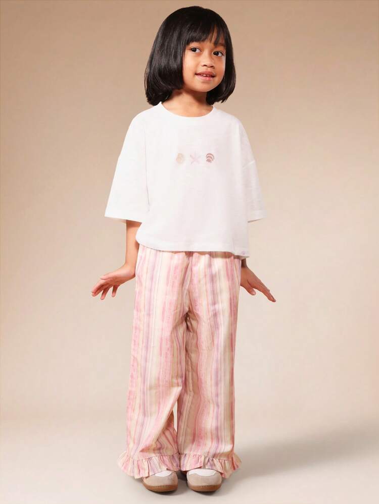 Young Girls Striped T-Shirt And Wide Leg Pants Co-Ord Set With Shell Print Design Oversized Fit