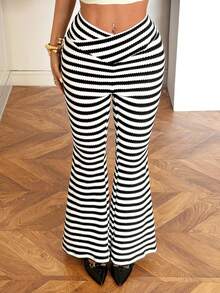 SHEIN EZwear 女士不对称腰带条纹休闲喇叭裤 - 黑色 - 查看 2