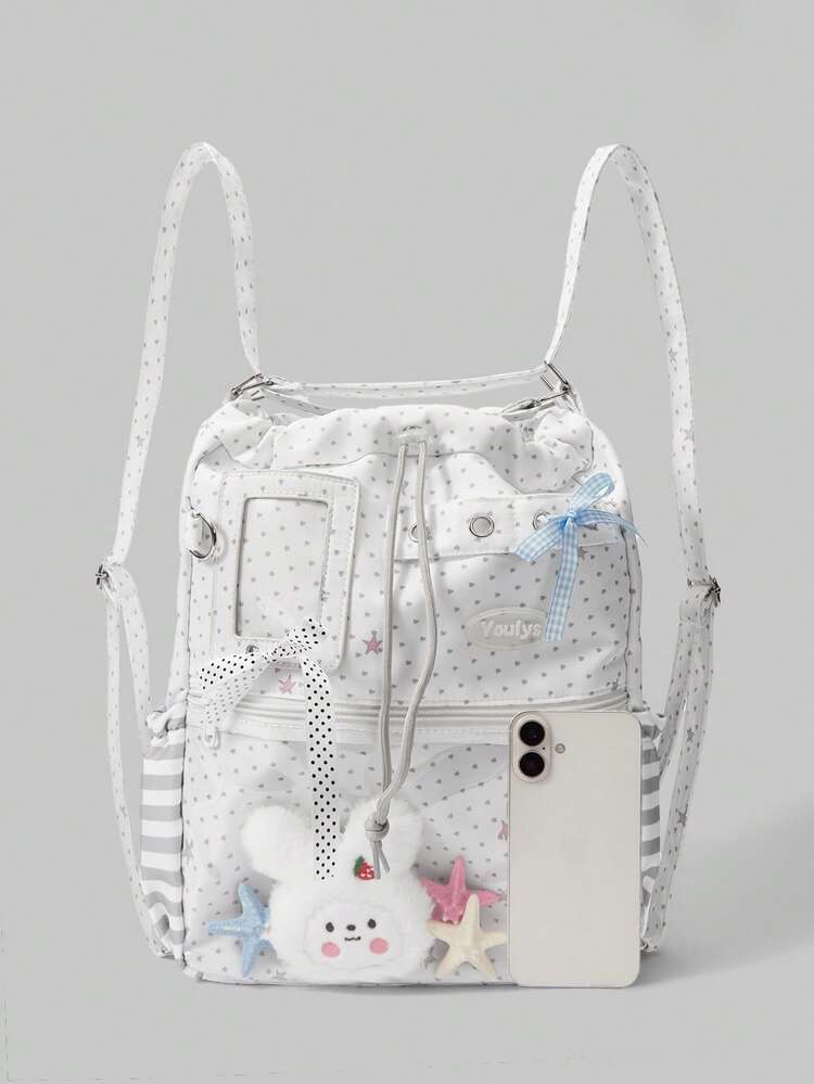 ROMWE Kawaii 时尚波点星星蝴蝶结卡通透明前袋抽绳单肩大容量单肩女包海星发卡颜色随机 - 白色 - 查看 3