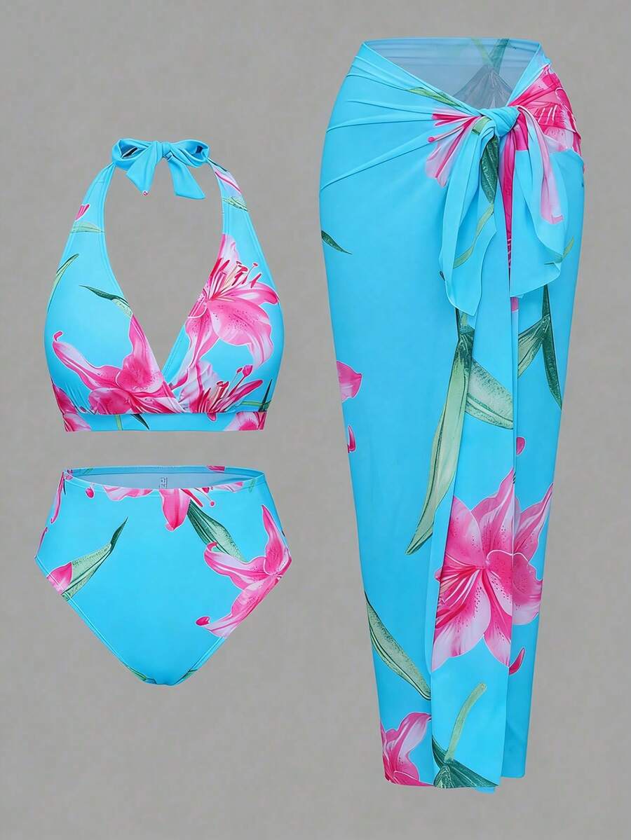 Swim Oasis Bộ đồ bơi 3 mảnh cỡ lớn dành cho nữ, kiểu dáng gợi cảm, cổ yếm, in kỹ thuật số ngẫu nhiên, thích hợp cho bãi biển, hồ bơi, phong cách thường ngày và thanh lịch. - Nhiều màu - Xem 1