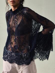 SoleilVie Women's Mandarin Collar Raglan Sleeve Elegant Blouse - Royal Blue - View 1