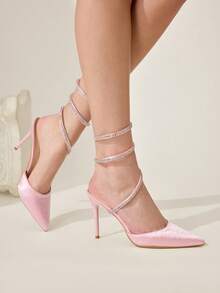 CUCCOO HITCHD Sexy Rhinestone Winding With Pink High Heels, Women's New Stiletto Pointed Banquet Party Dress Shoes - Pink - View 6