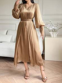 DAZY Women's Elegant Patchwork Dress With Belt, Two Pieces Set, Spring/Summer - Khaki - View 5