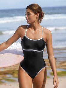 Swim SPRTY Maiô feminino de uma peça, cor sólida, com alças finas e costas cruzadas, ideal para praia, surfe e esportes. - Preto - Ver 4
