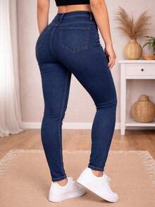 Jeans skinny tiro alto mezclilla stretch rasgado ajustado casual urbano mujer - Azul - Ver 4