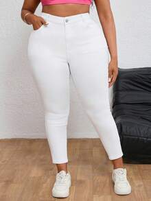 SHEIN ICON Plus Size Casual Versatile Solid Color High Waist Slim Fit Jeans - White - View 6