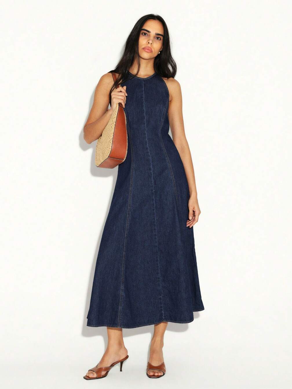 KSTM Women Halter Sleeveless Denim Midi Dress With A Line Flare Fit And Racerback Design For Casual Spring Summer Occasions,M