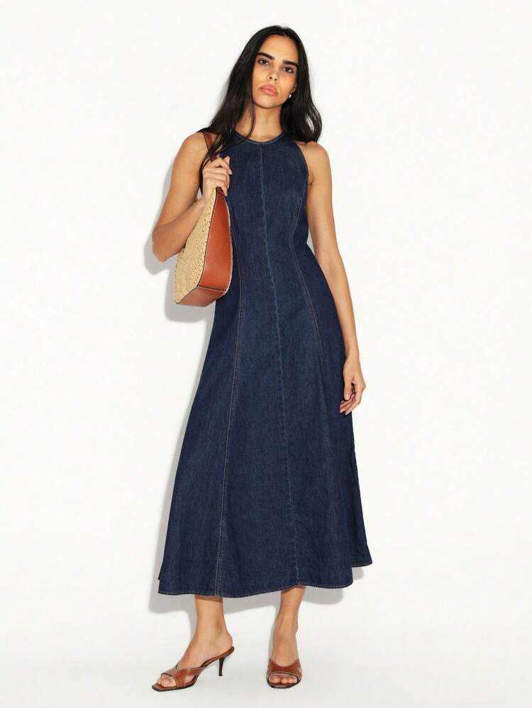 KSTM Women Halter Sleeveless Denim Midi Dress With A Line Flare Fit And Racerback Design For Casual Spring Summer Occasions