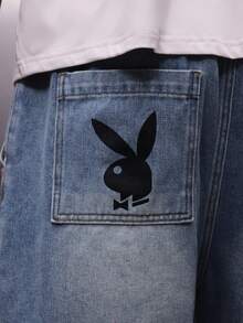 PLAYBOY X SUMWON Men's Vintage Washed Denim Pull On Shorts With Drawstring Waistband Text Print Casual Summer Bermuda Style - Blue - View 6