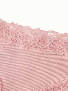 1pc Women's Lace Trim Ribbed Romantic Low Waist Brazilian Panty - Pink - View 3