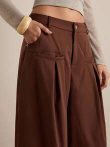 Easelle Damen einfarbige, schlichte, lange Hosen in Dunkelbraun für Sommer und Frühling, Damen Braun mit Doppelfalte, weites Bein Design - Kaffeebraun - Übersicht 3