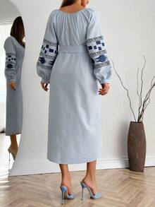 Women's Bohemian Style Casual Embroidered Tie Collar Long Sleeve Off-Shoulder Ruffle Hem Dress - Blue - View 3