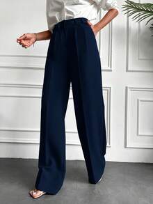 EURMUSE Ladies" Solid Color Straight Legged Pleated Dress Pants, Featuring Pockets, Suitable For Casual And Commuting - Navy Blue - View 3