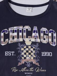 Tween Boy Letter Print Crew Neck Short Sleeve Top And Plaid Pants Pajama Set - Navy Blue - View 5