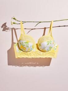 LUVLETTE Breathable Lace Elegance Unlined Push-Up Breezy Comfort Balconette Lemon Print Vacation Style Corset Lingerie Minimizer Bra Now Trending - Multicolor - View 7