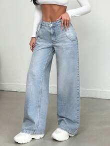 SHEIN Cottnline Pantalones vaqueros de mujer 100% algodón con bolsillos - Azul lavado medio - Ver 4