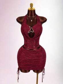 Amplova 2026 New Lace Two Pieces Top & Lace Mini Dress Set, Suitable For Dates And Parties - Burgundy - View 3