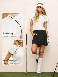 GLOWMODE Ace It Smooth Cooling Hip Length Slim Fit Contrast Piping Front Logo V-Neck Shirt Tennis Golf Pickleball Daily Casual Wear - White - View 3