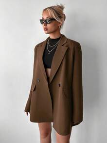SHEIN Plus Size Solid Brown Color Notch Lapel Double Breasted Oversize Casual Blazers - Coffee Brown - View 4