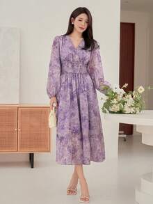 DAZY 女士优雅印花褶皱中长连衣裙，春夏款 - 紫色 - 查看 6