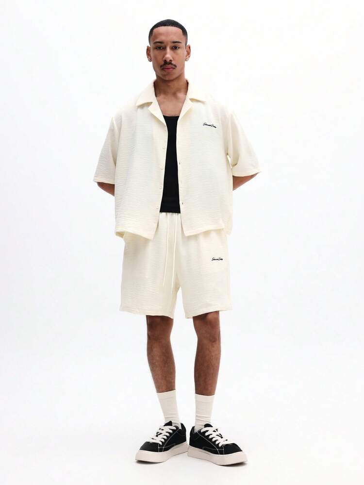 リネン風 テクスチャード 半袖ボタンアップシャツ マッチングドローストリング ショーツ コーディネートセット