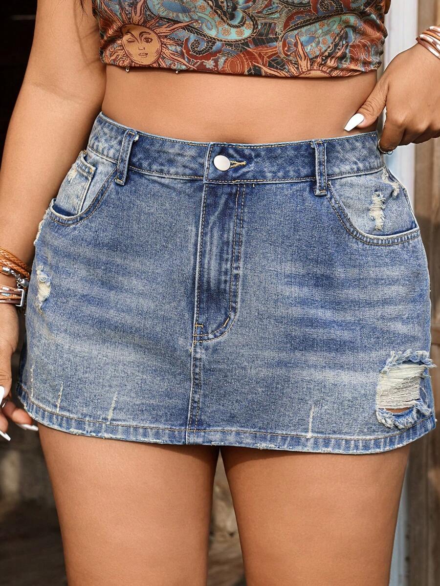 Breezaya Rok Mini Denim Sobek Kasual Ukuran Besar, Musim Panas - Medium Wash - View 1