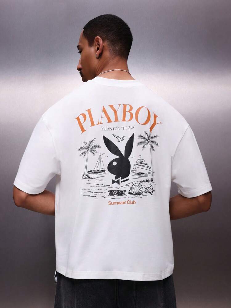 PLAYBOY X SUMWON Crop Fit Men's Summer Club Graphic Print Short Sleeve Crew Neck Regular Fit Holiday T-Shirt With Chest And Back Design