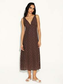 KSTM Đầm midi không tay cổ chữ V chấm bi, kiểu dáng tank top, màu nâu trắng, thích hợp cho mùa hè. - màu nâu - Xem 1