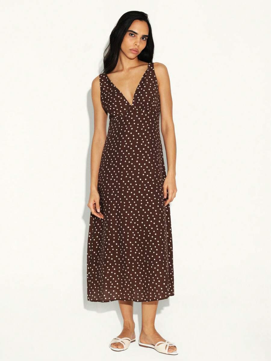 KSTM Đầm midi không tay cổ chữ V chấm bi, kiểu dáng tank top, màu nâu trắng, thích hợp cho mùa hè. - màu nâu - Xem 1