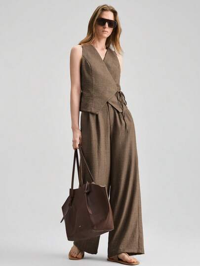 Ontre Women's Khaki Vest Top With Tie Waist, Sleeveless Blouse And Pants Set, Elegant Formal Outfit For Wedding Guest, Minimalist Romantic French Style, Luxury Urban Chic Business Casual Office Wear, High-Quality Airport & Cruise Travel Outfit, Middle East Essential Wardrobe, Versatile 4-Season Set