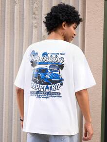 Open Phase ONE WAVE Men's Casual Versatile Simple English Slogan & Car Graphic Short Sleeve T-Shirt - White - View 2