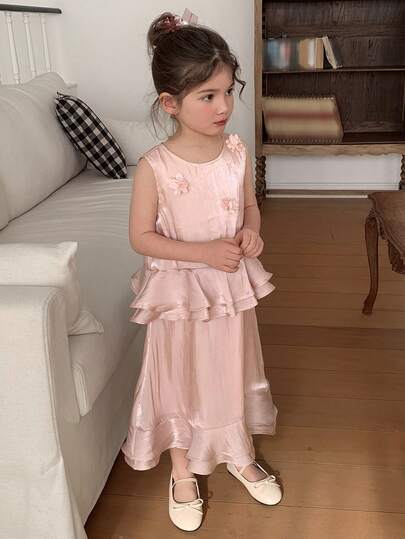 DAZY 少女优雅纯色3D立体花卉装饰荷叶边下摆无袖连衣裙，夏季