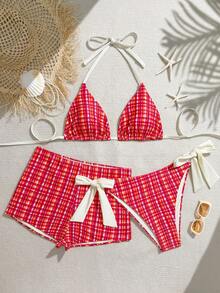 Swim Mod Bộ đồ bơi 3 mảnh cỡ lớn, họa tiết kẻ caro với dây buộc vai, quần bơi đồng bộ, thích hợp cho khu nghỉ dưỡng, bãi biển, hồ bơi. - Nhiều màu - Xem 4