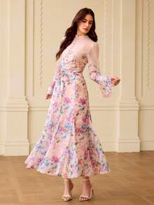 ZEYLAH Women's Elegant INS Printed Button-Down Long Flare Sleeve Dress, Flowing Pleated Skirt - Multicolor - View 2