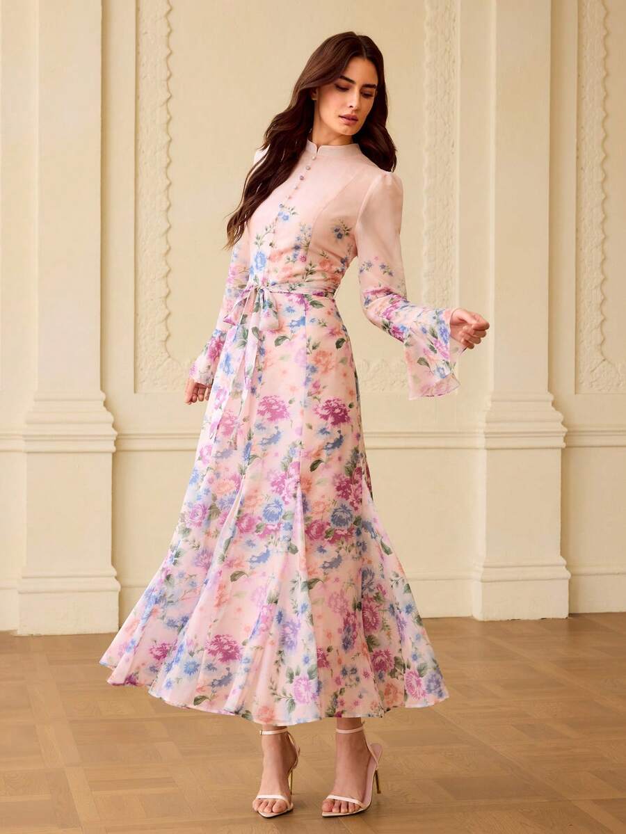 ZEYLAH Women's Elegant INS Printed Button-Down Long Flare Sleeve Dress, Flowing Pleated Skirt