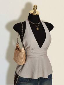 SHEIN ICON Halloween Women's Halter Backless Black Babydoll Tank Top - Grey - View 9