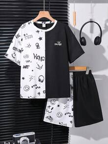 SHEIN 青少年男童休闲运动宽松街头撞色印花圆领短袖短裤套装，适合户外玩耍、街头摄影、派对、城市漫步、春夏穿着。 - 黑色 - 查看 4