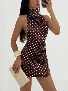 Aloruh Women's Polka Dot Pattern Ruched Sexy Halter Mini Dress - Multicolor - View 1