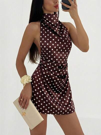 Aloruh Women's Polka Dot Pattern Ruched Sexy Halter Mini Dress