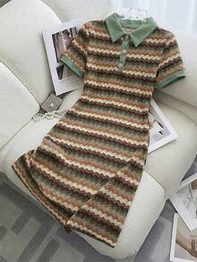 Everyssa Summer Casual Colorblock Striped Short Sleeve Dress - Multicolor - View 1