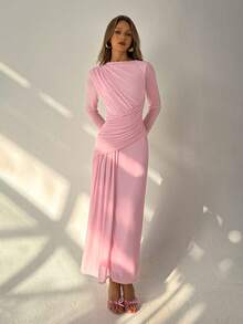 Aloruh 女士优雅不对称领口腰部褶皱网纱派对连衣裙 - 淺粉色 - 查看 5