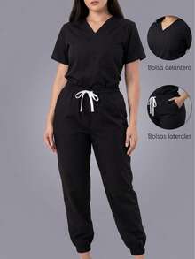 Set Surgical Uniform Set 2 Pieces Lady Woman Sleeve Short Neck V Pants Jogger Spring Comfy Drawstring - Black - View 1