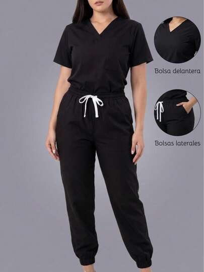 Conjunto uniforme médico quirúrgico set 2 piezas dama mujer manga corta cuello v pantalón jogger resorte cordón cómodo