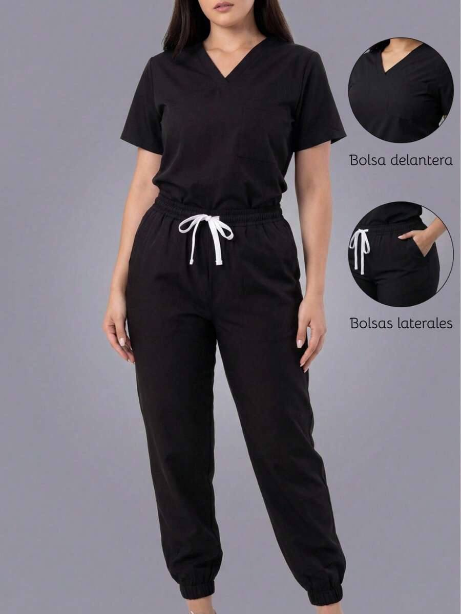 Set Surgical Uniform Set 2 Pieces Lady Woman Sleeve Short Neck V Pants Jogger Spring Comfy Drawstring - Black - View 1