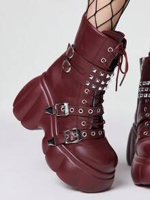 ROMWE Grunge Punk Women Heeled Sandals~ 2026 New Fashion Autumn And Winter Punk Style Burgundy PU Round Toe Wedge Heel Thick Bottom Rivet Metal Buckle Front Zipper Small High Heel Riding Boots Hot Girls Ankle Boots Y2K 2000s Style - Burgundy - View 3