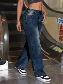 SHEIN ICON 大码女式口袋纽扣休闲百搭日常牛仔裤 - 霧霾藍 - 查看 4